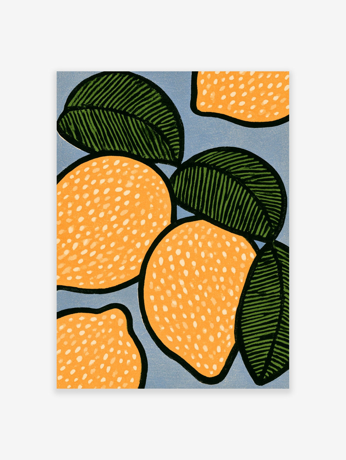 Graphic lemon fruit illustration with green leaves on a blue background, botanical kitchen wall art print