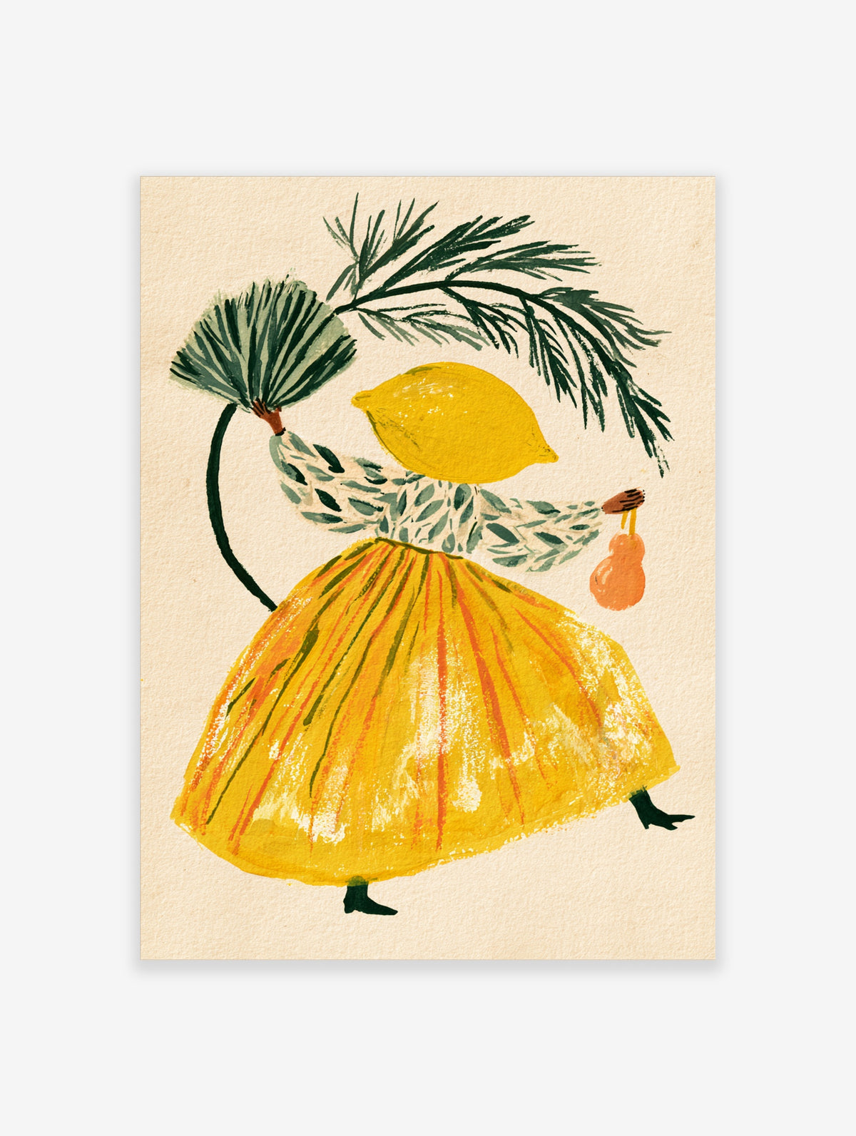 Whimsical figure with lemon head, yellow skirt, holding green foliage and orange gourd
