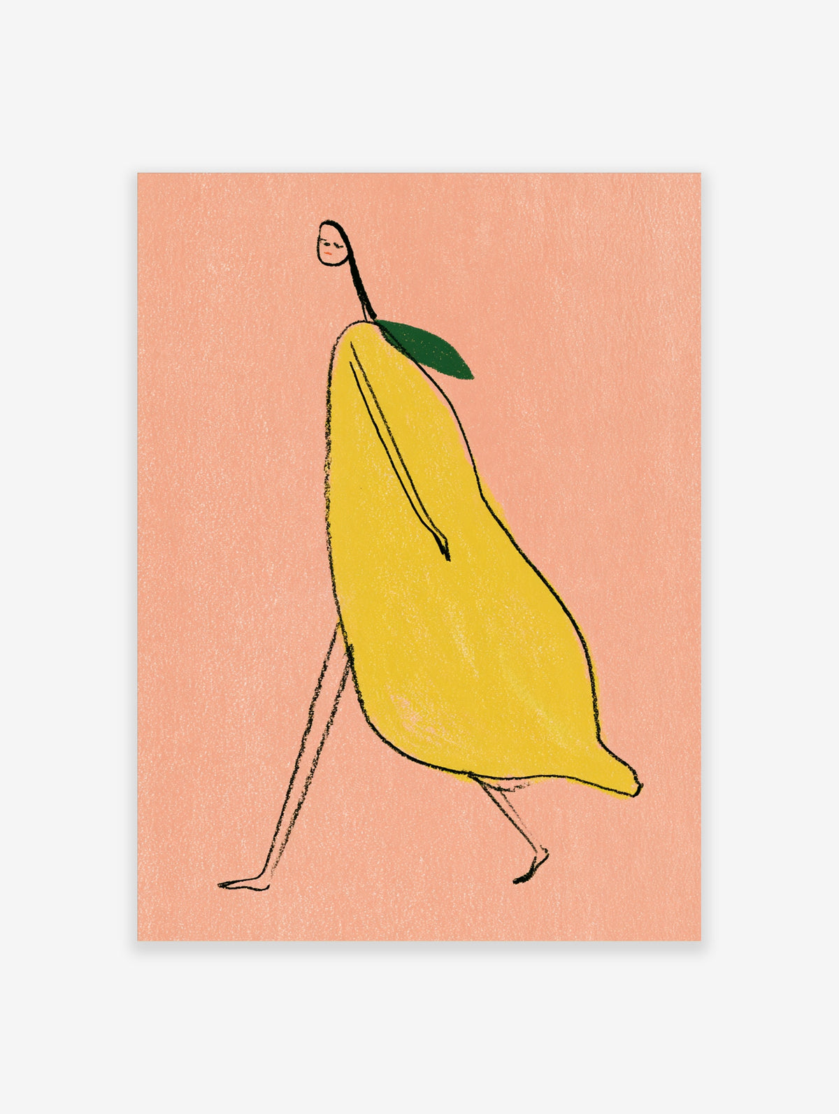 Surreal illustration of a figure with a lemon-shaped body and thin black legs on a peach background