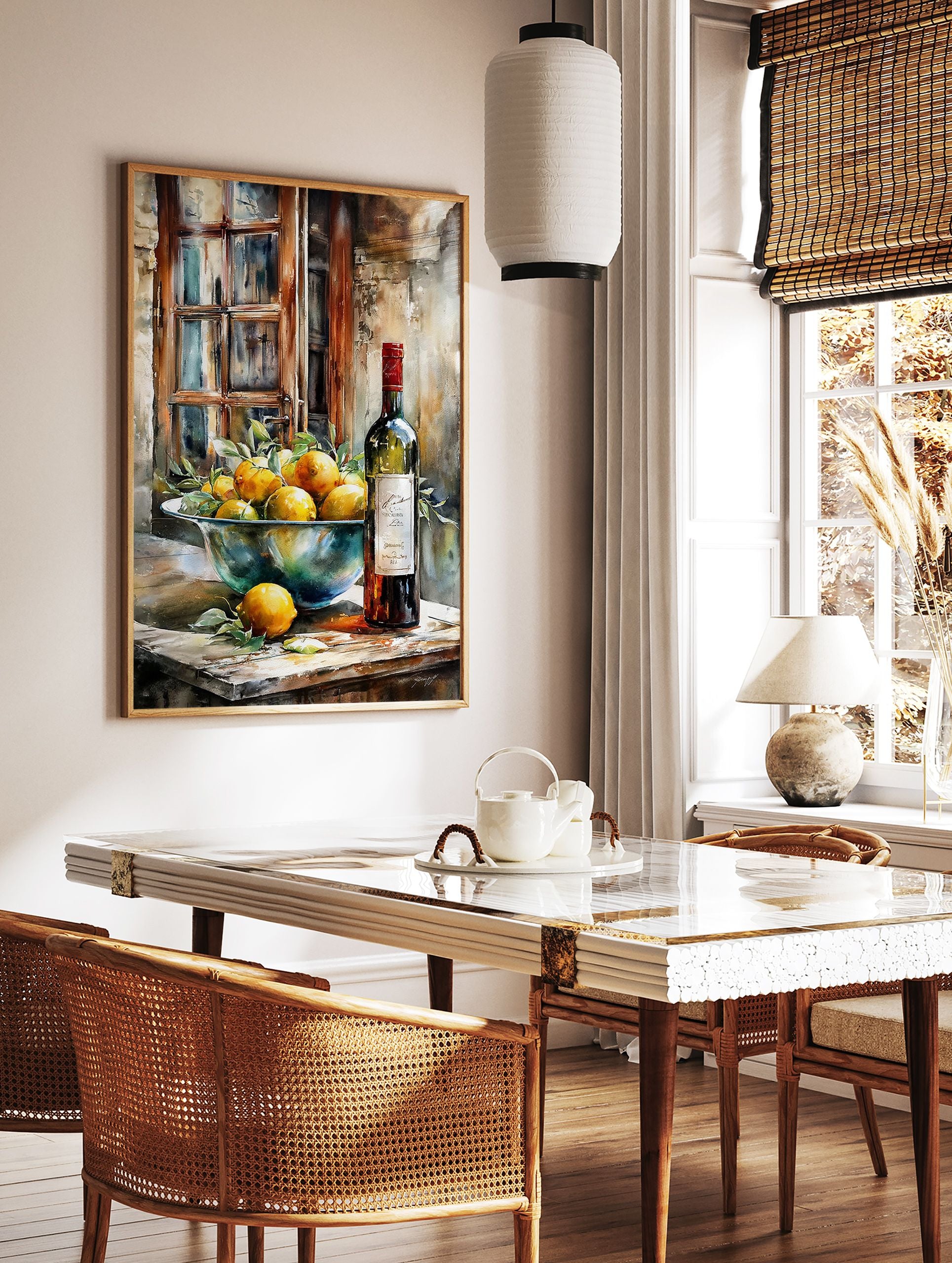 Watercolor still life poster featuring a bowl of yellow lemons and a dark wine bottle on a wooden table by a rustic window. - Image 2