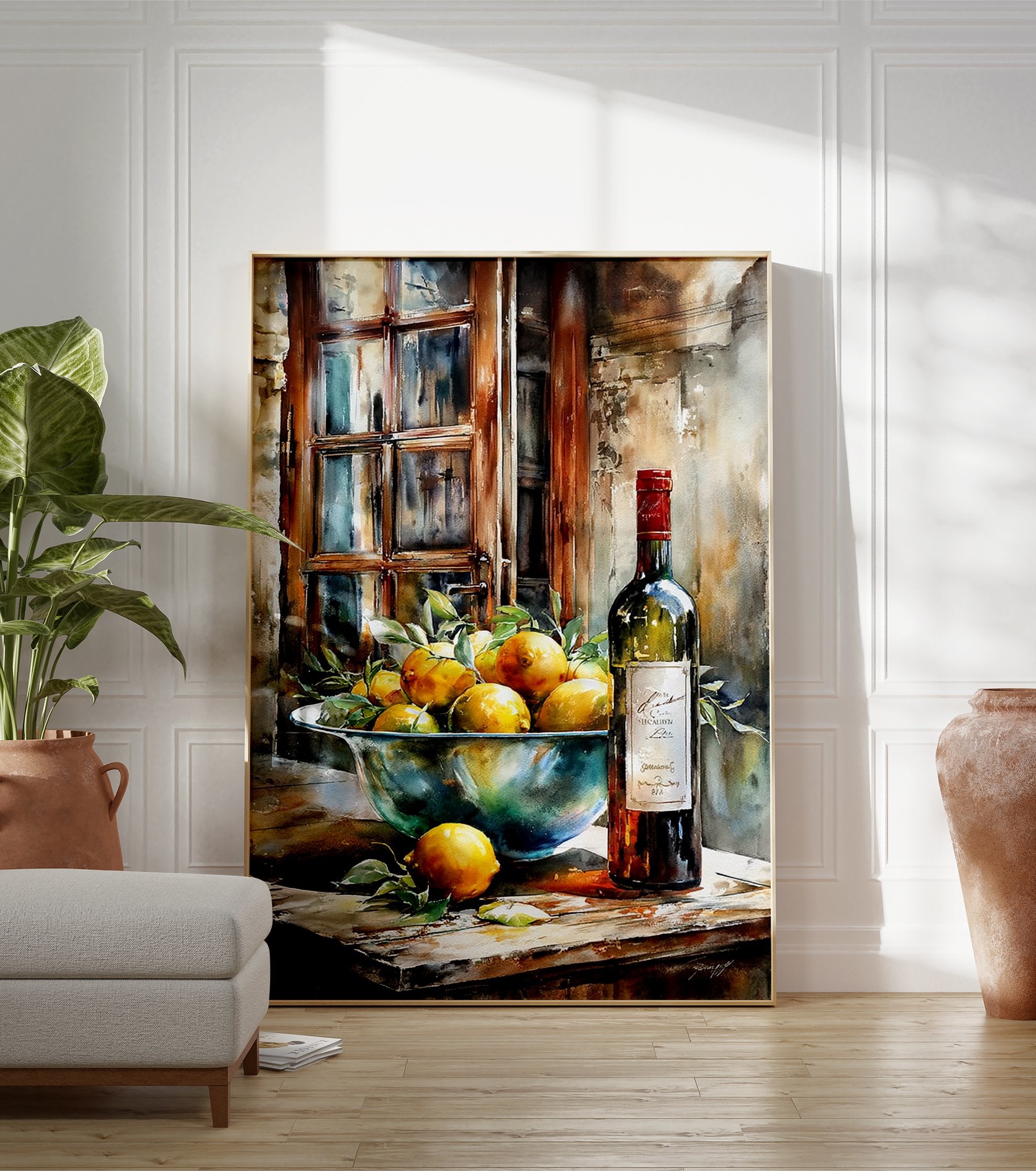 Watercolor still life poster featuring a bowl of yellow lemons and a dark wine bottle on a wooden table by a rustic window. - Image 3