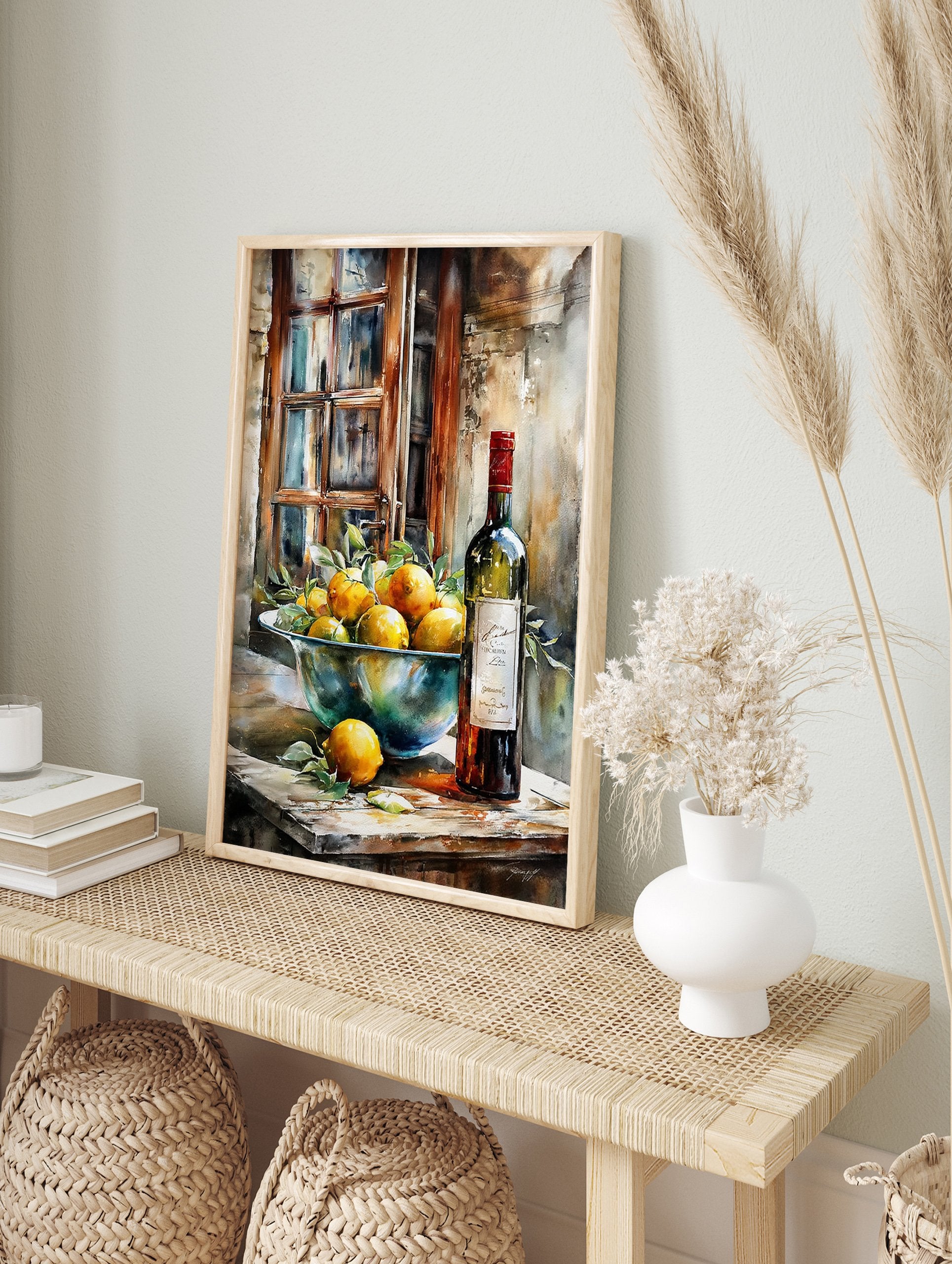 Watercolor still life poster featuring a bowl of yellow lemons and a dark wine bottle on a wooden table by a rustic window. - Image 4