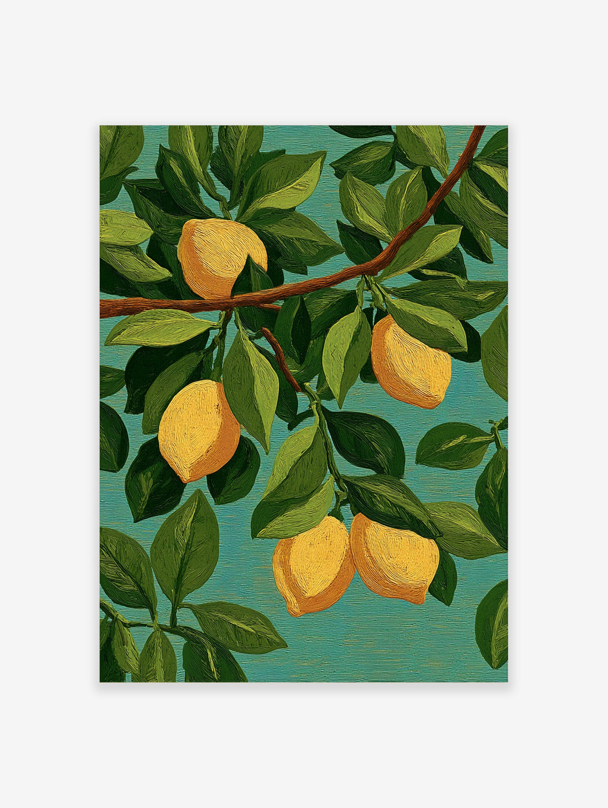 Lemon tree botanical art print with five yellow lemons, green leaves, and a teal background