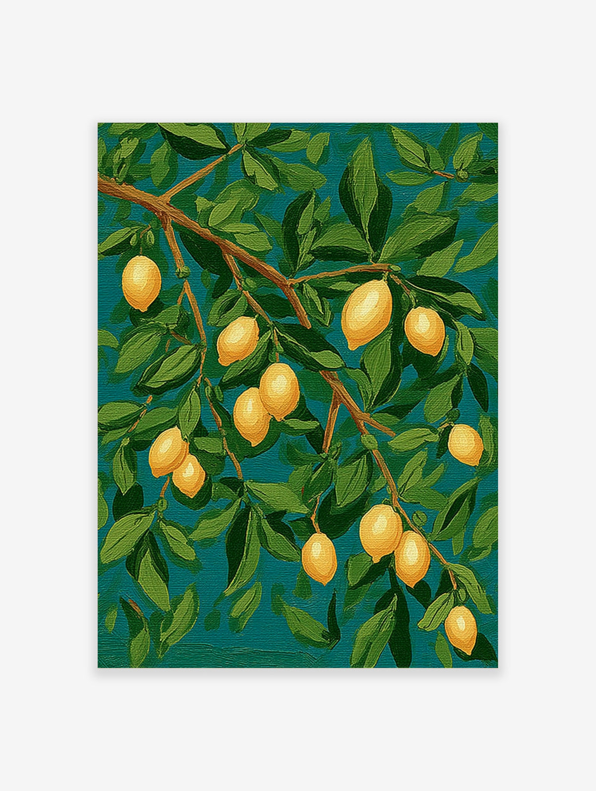 Lemon tree branch with yellow lemons and green leaves on a teal background art print