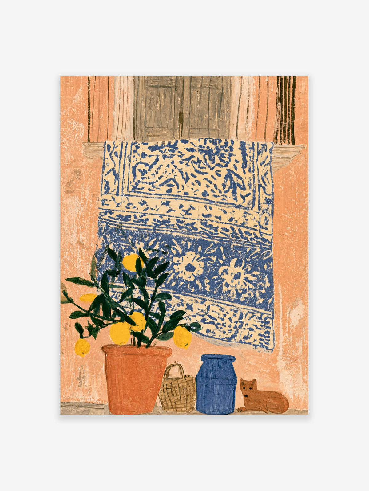 Lemon tree in terracotta pot with blue tile, vase, basket, and animal on peach background art print