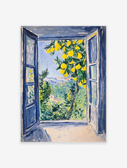 Vibrant lemon tree poster showing a view from an open blue window overlooking a lush green landscape and blue sky.