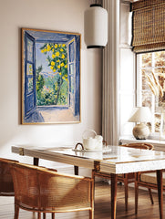 Vibrant lemon tree poster showing a view from an open blue window overlooking a lush green landscape and blue sky. - Image 2