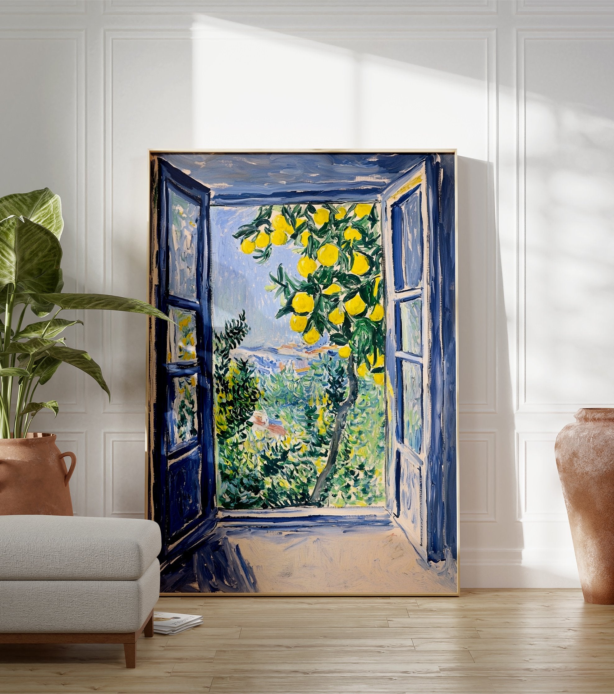 Vibrant lemon tree poster showing a view from an open blue window overlooking a lush green landscape and blue sky. - Image 3