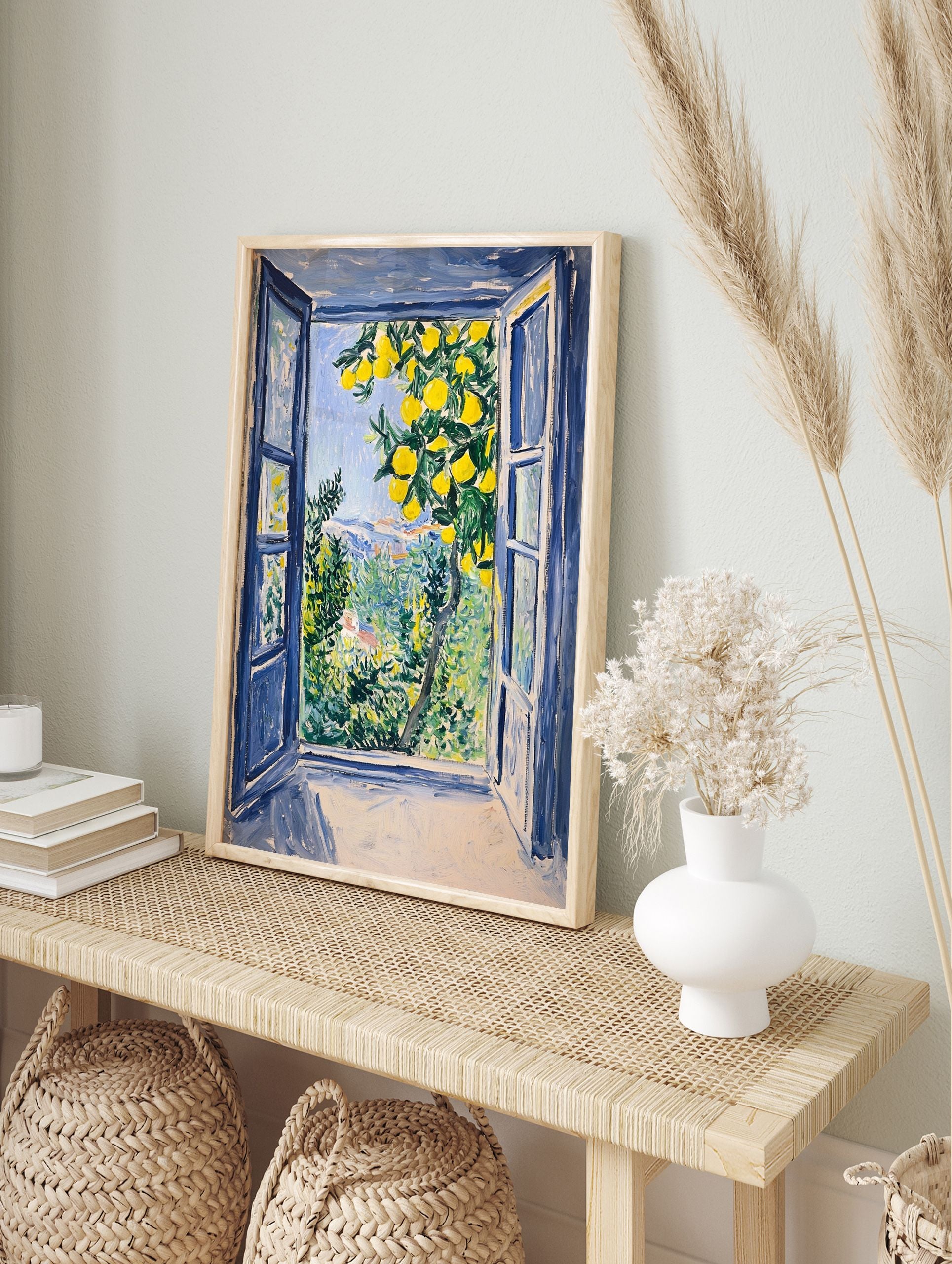 Vibrant lemon tree poster showing a view from an open blue window overlooking a lush green landscape and blue sky. - Image 4