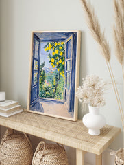 Vibrant lemon tree poster showing a view from an open blue window overlooking a lush green landscape and blue sky. - Image 4