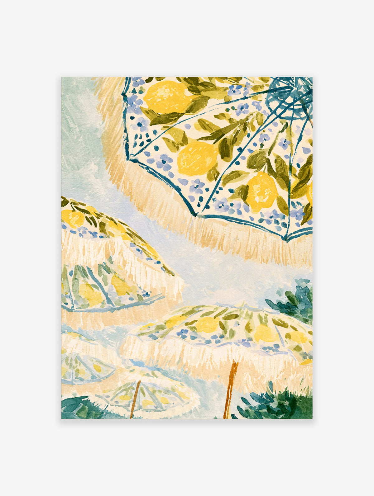 Watercolour lemon umbrella art print with cream fringed parasols, yellow lemons and blue flowers