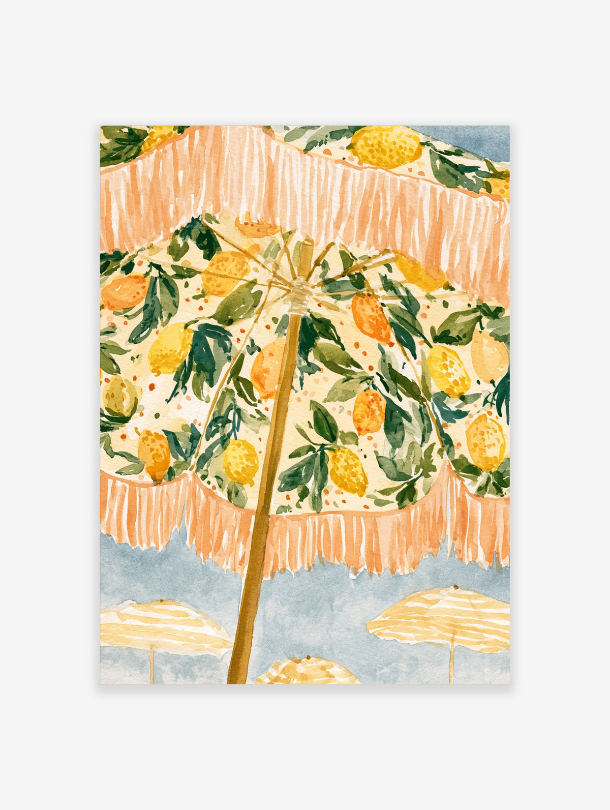 Watercolour poster of a lemon-print umbrella with peach fringing and green leaves against a blue sky