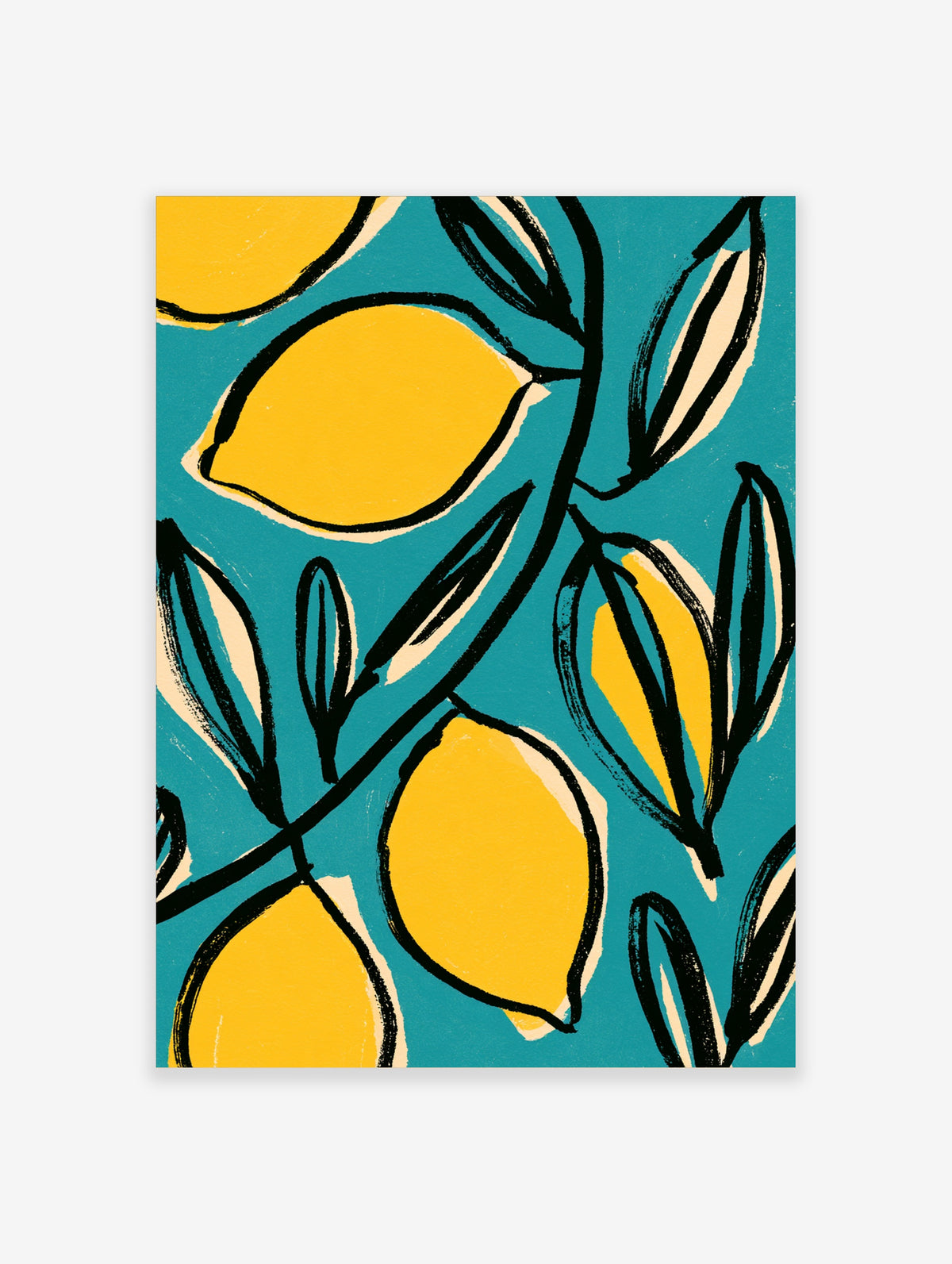 Lemon wall art print with yellow citrus fruits and black leaves on a teal background