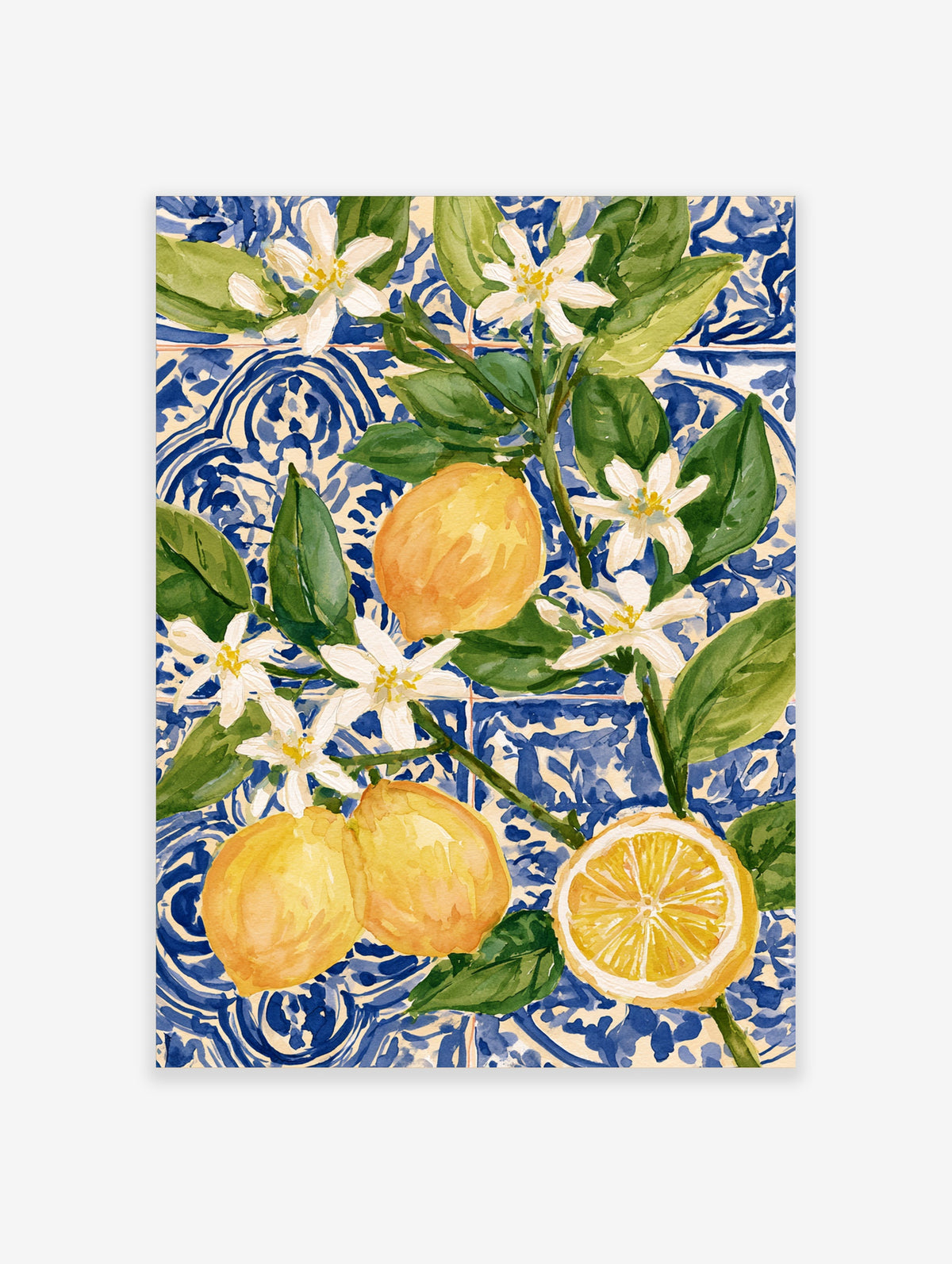 Lemon watercolour art print with yellow citrus, white blossoms, green leaves and blue tile background