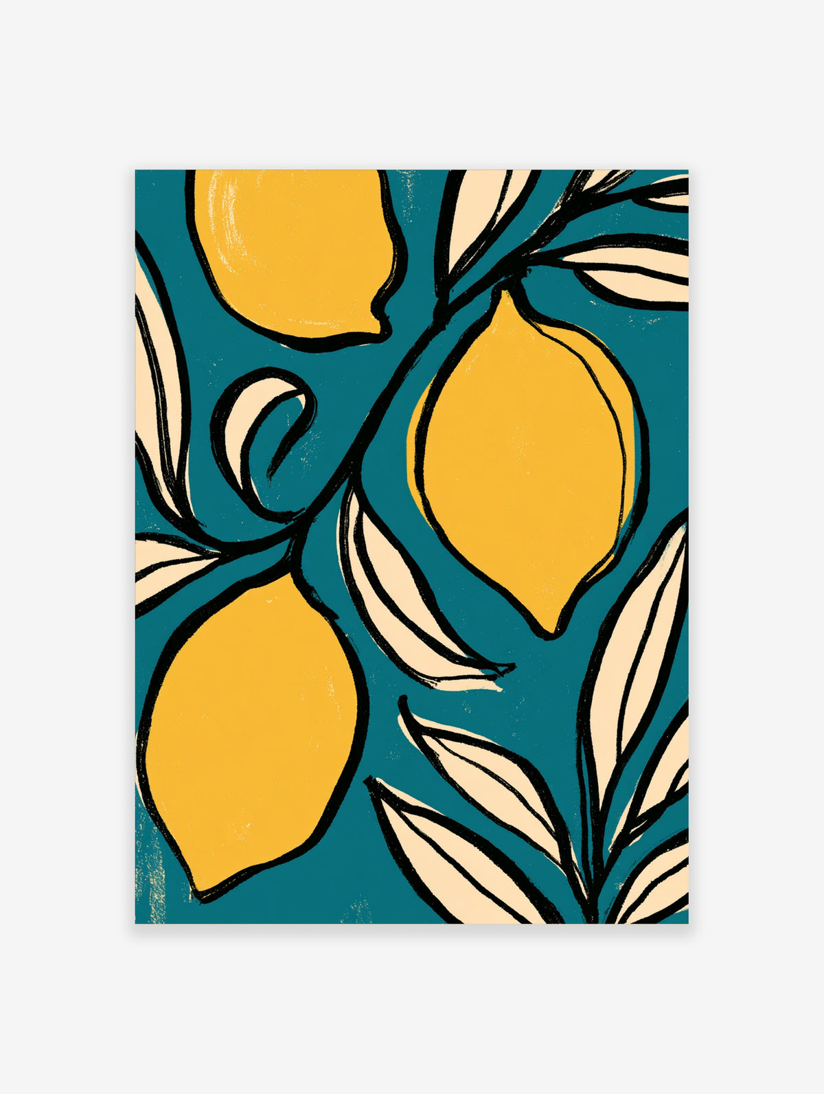 Lemon wall art print with yellow lemons and cream leaves on teal background
