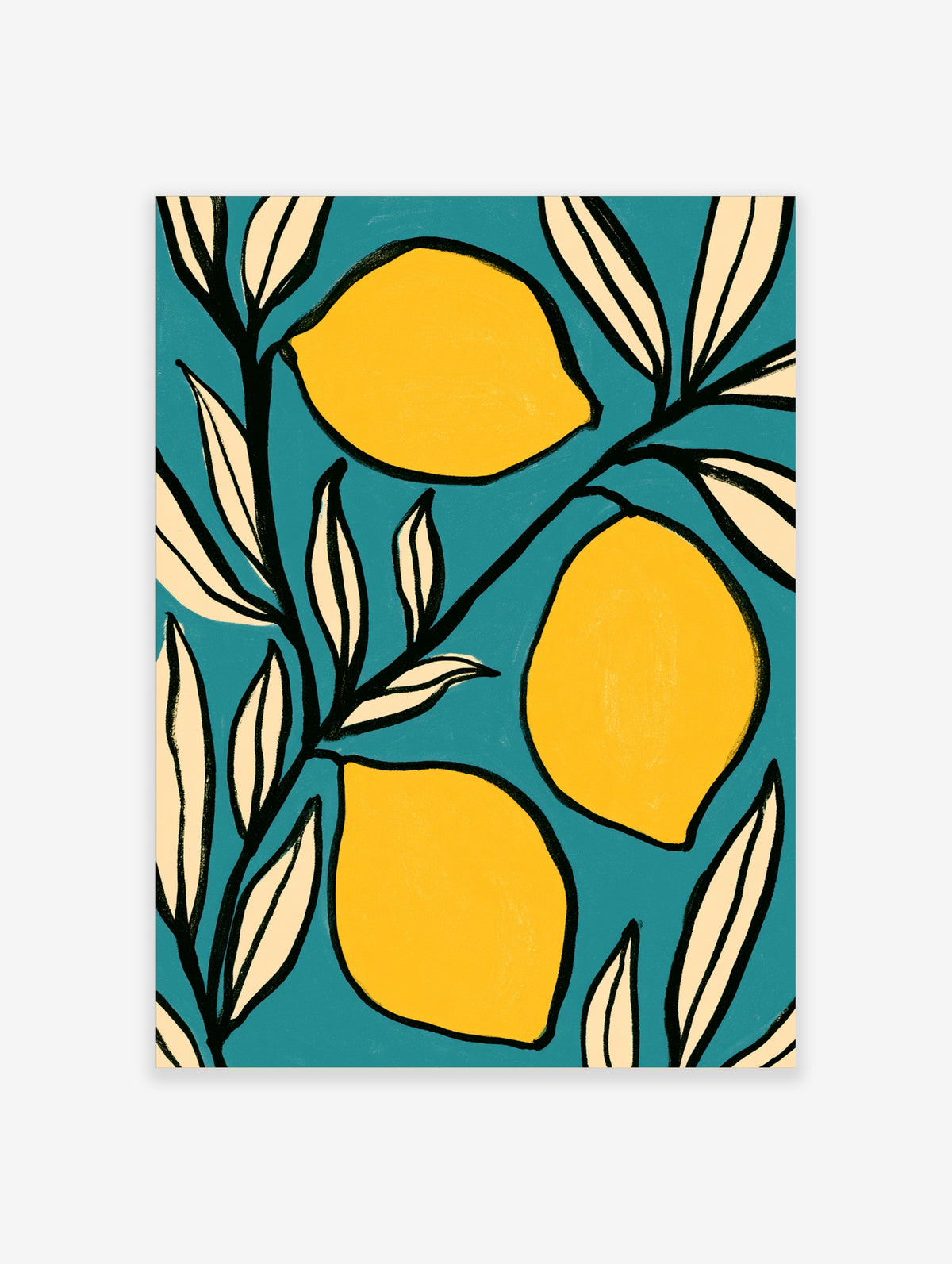 Yellow lemons and cream leaves on teal background, bold black outlines, botanical art print