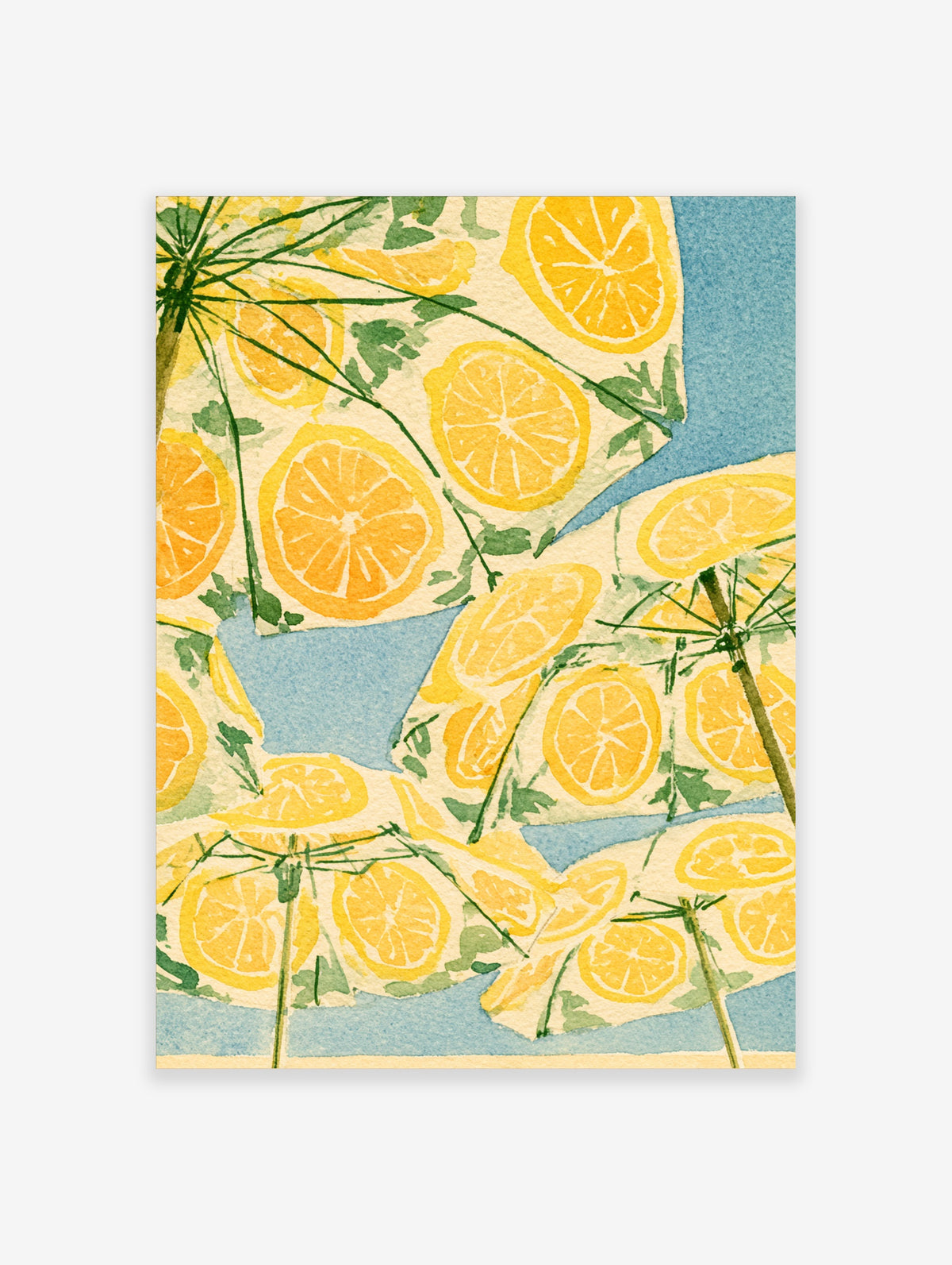 Lemon slices with green leaves and blue watercolour shapes on a lemon wall art print