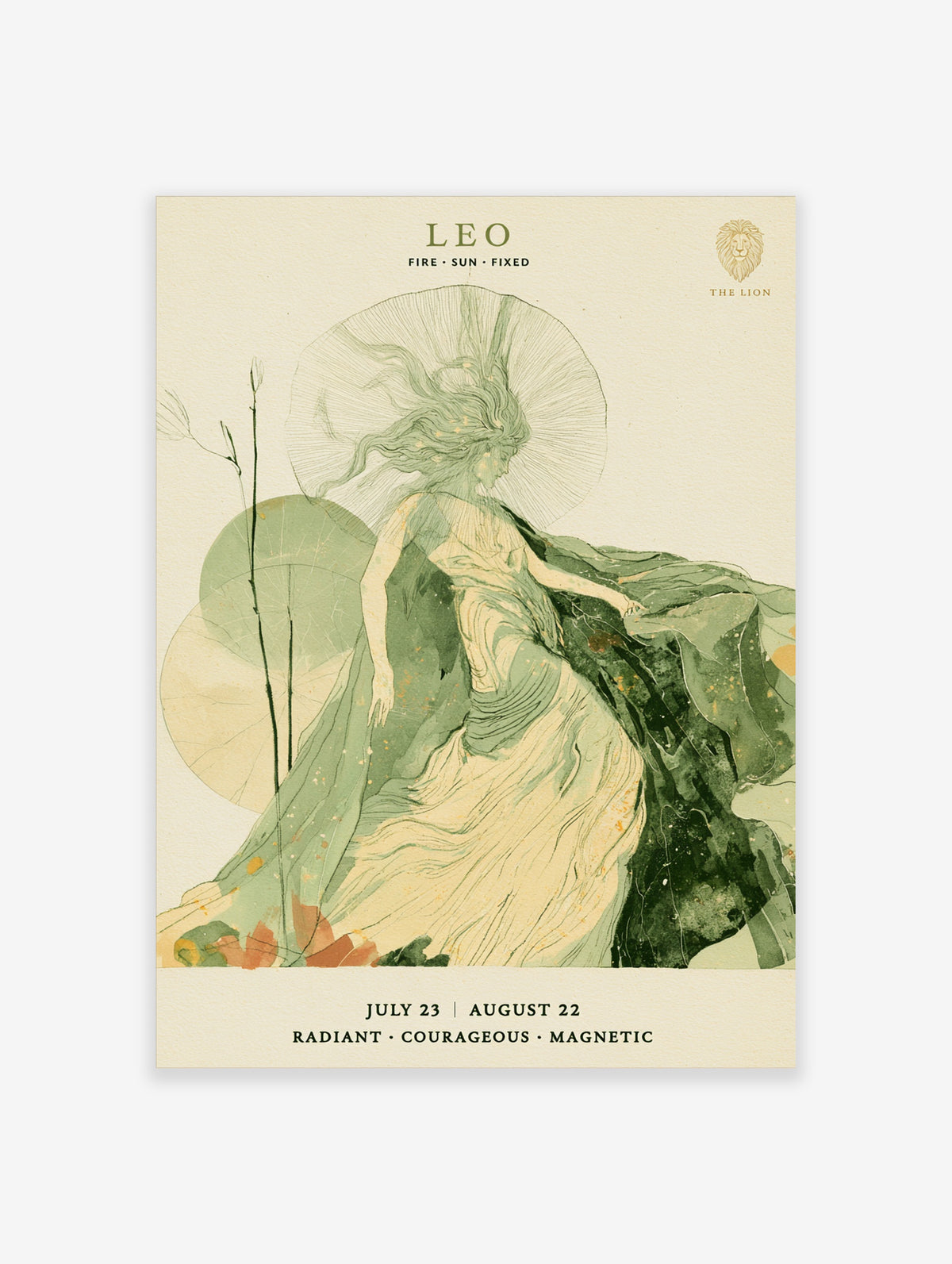 Leo zodiac illustration with green flowing figure, radiating halo, and LEO typography on pale background
