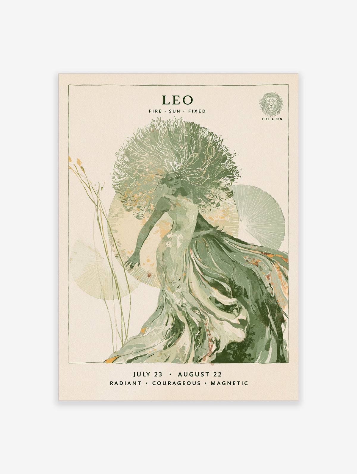 Leo zodiac poster with green celestial figure, radiating hair, lion crest, and July 23 to August 22 dates