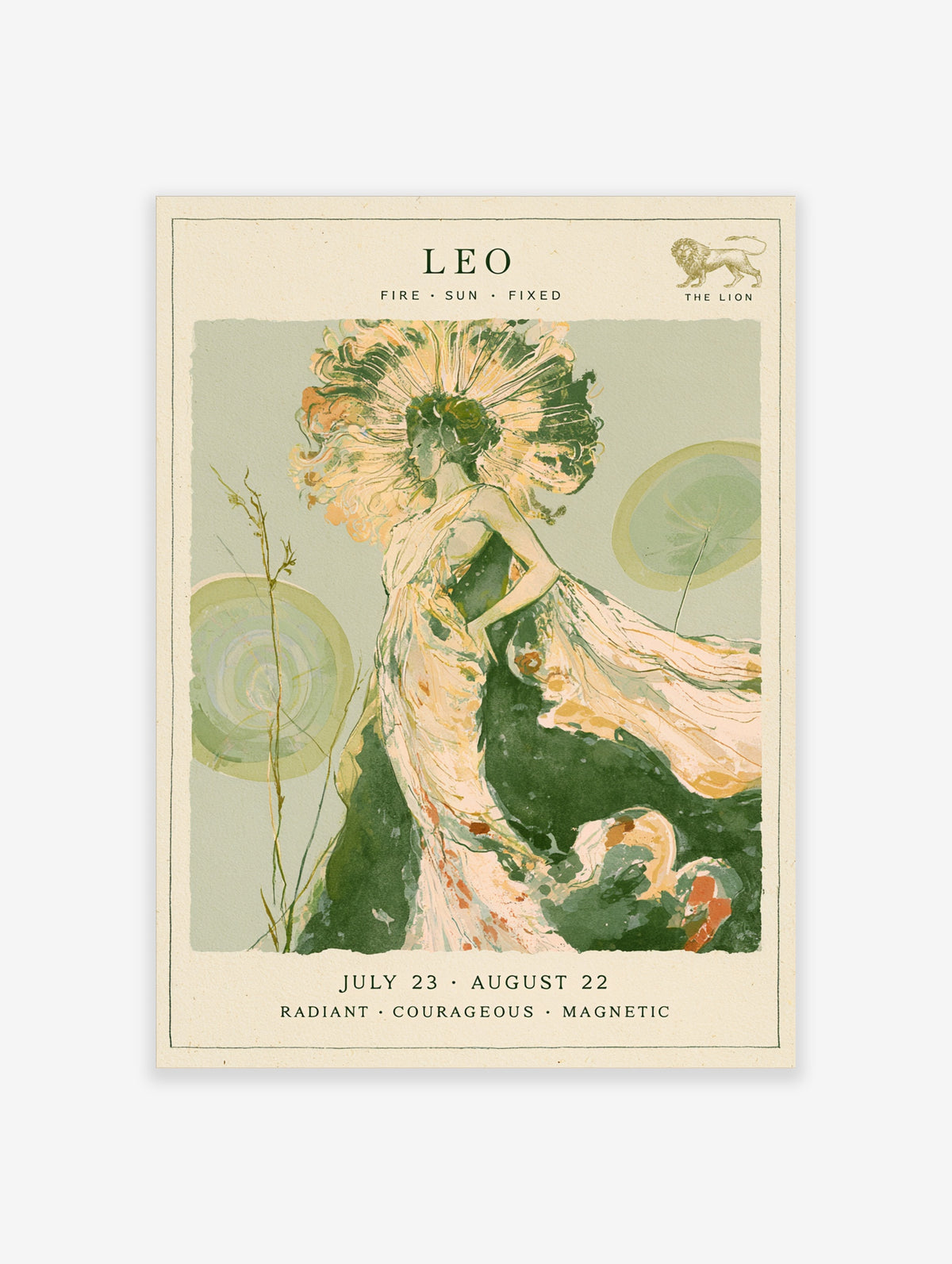 Leo zodiac poster with a flowing figure, radiating headdress, and green lily pads