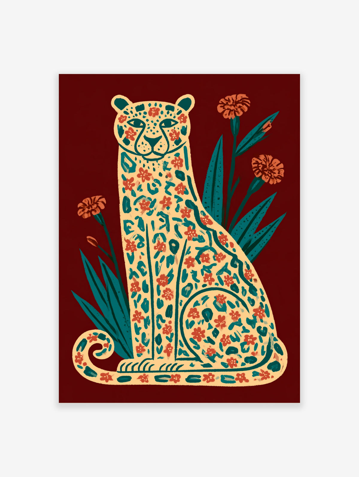 Stylised leopard with teal spots and red flowers sitting among carnations on a red background