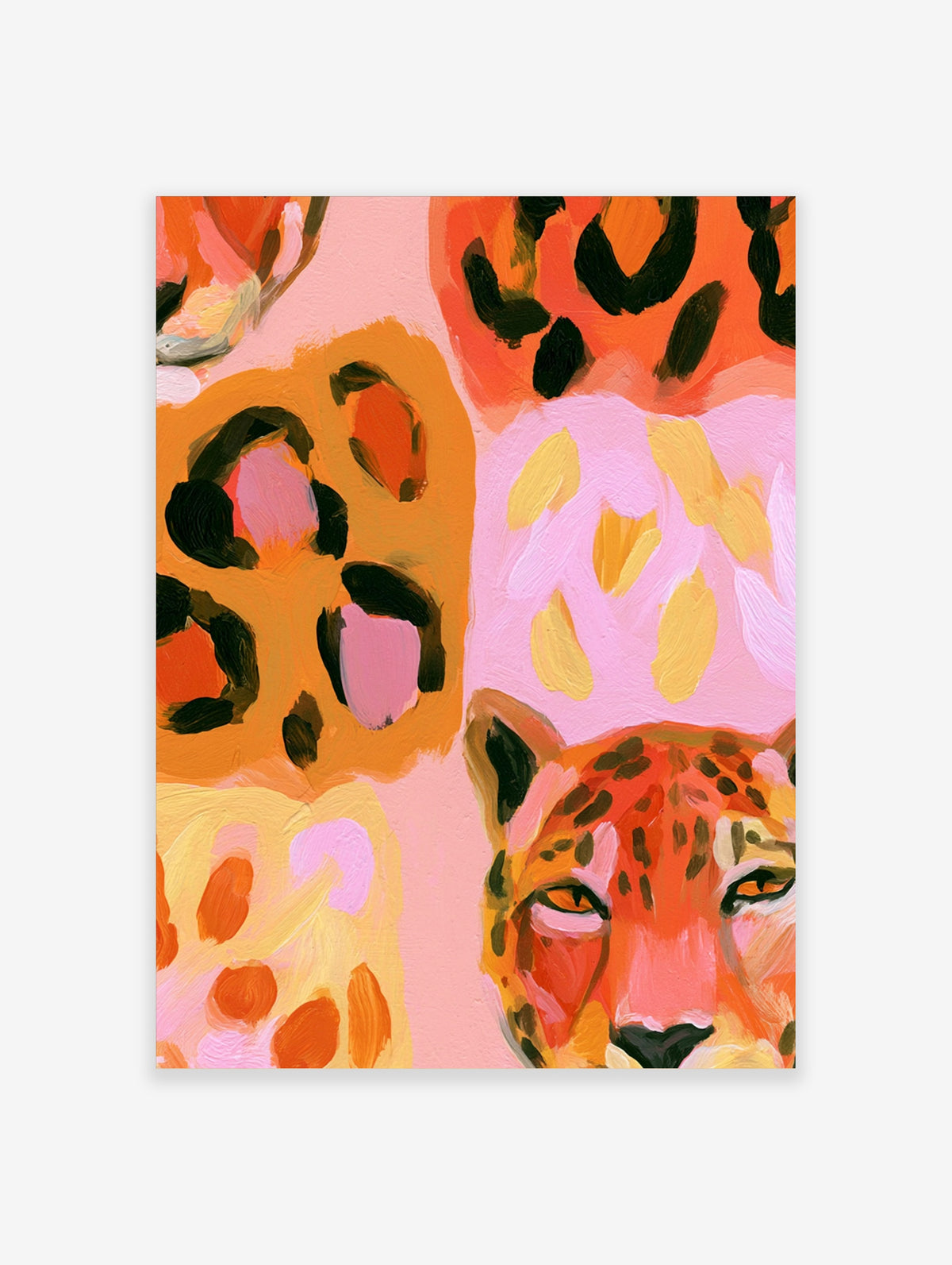 Leopard face art print with pink orange background and abstract leopard spots, painterly style