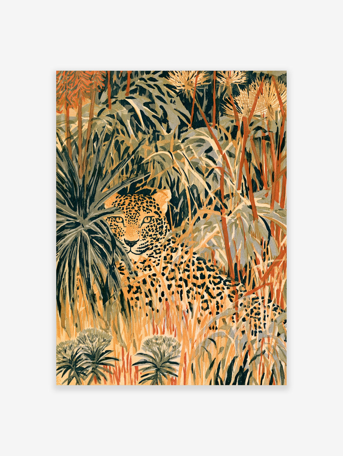 Leopard peeking through green tropical leaves and orange stems in a jungle art print