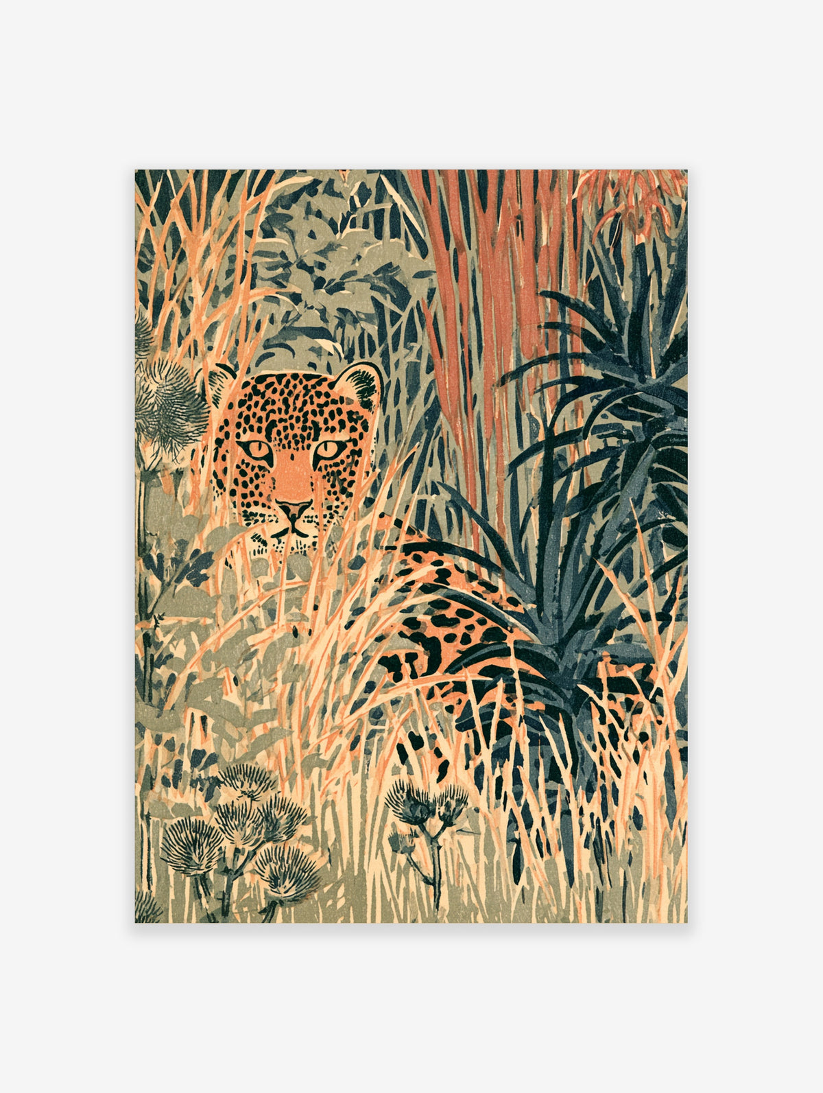 Leopard in jungle wall art with tropical foliage and orange and teal tones