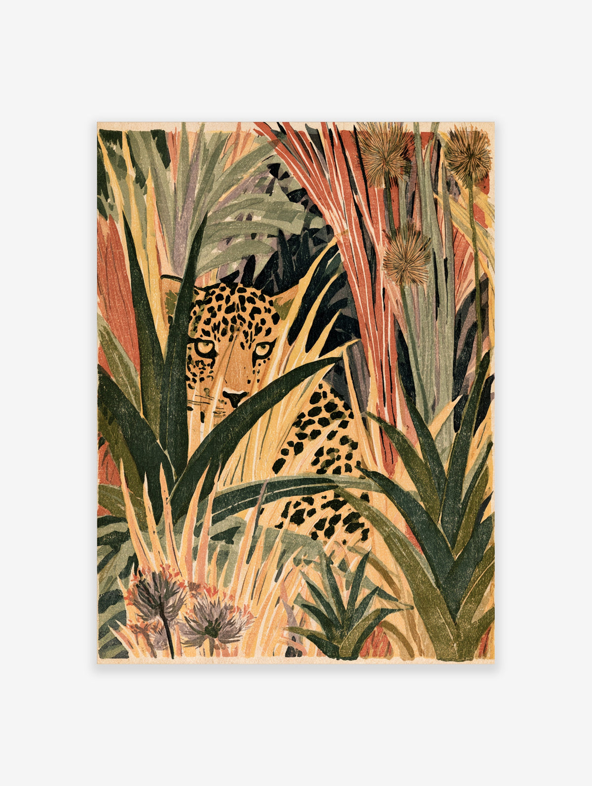 Leopard in jungle art print with green leaves, orange stems, and spotted fur
