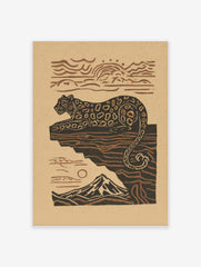 Illustrative leopard resting on a cliff with a mountain and sun in earthy brown and beige tones