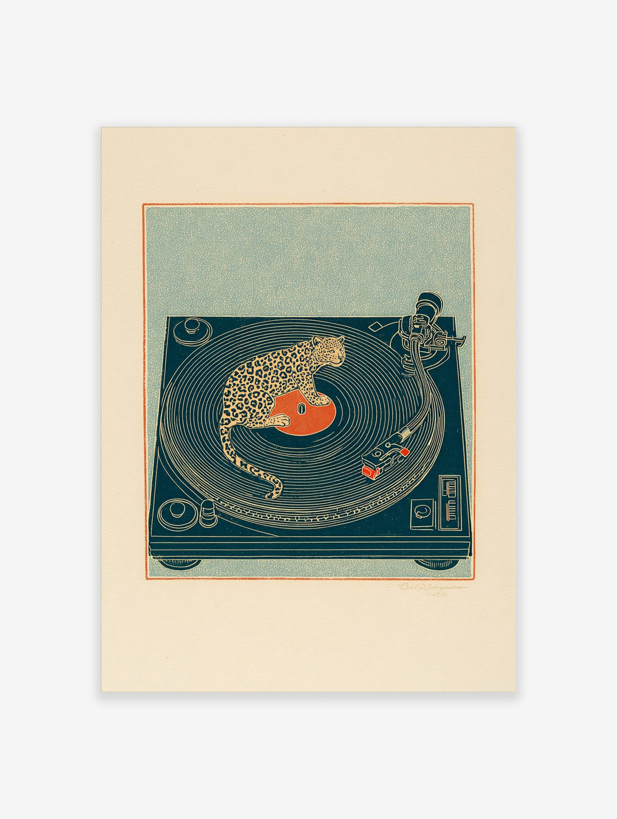 Illustrative print of a spotted leopard sitting on a red vinyl record on a deep teal turntable