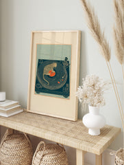 Illustrative print of a spotted leopard sitting on a red vinyl record on a deep teal turntable, in an alternate framed mockup