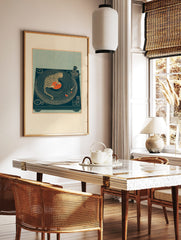 Illustrative print of a spotted leopard sitting on a red vinyl record on a deep teal turntable, in a styled room mockup