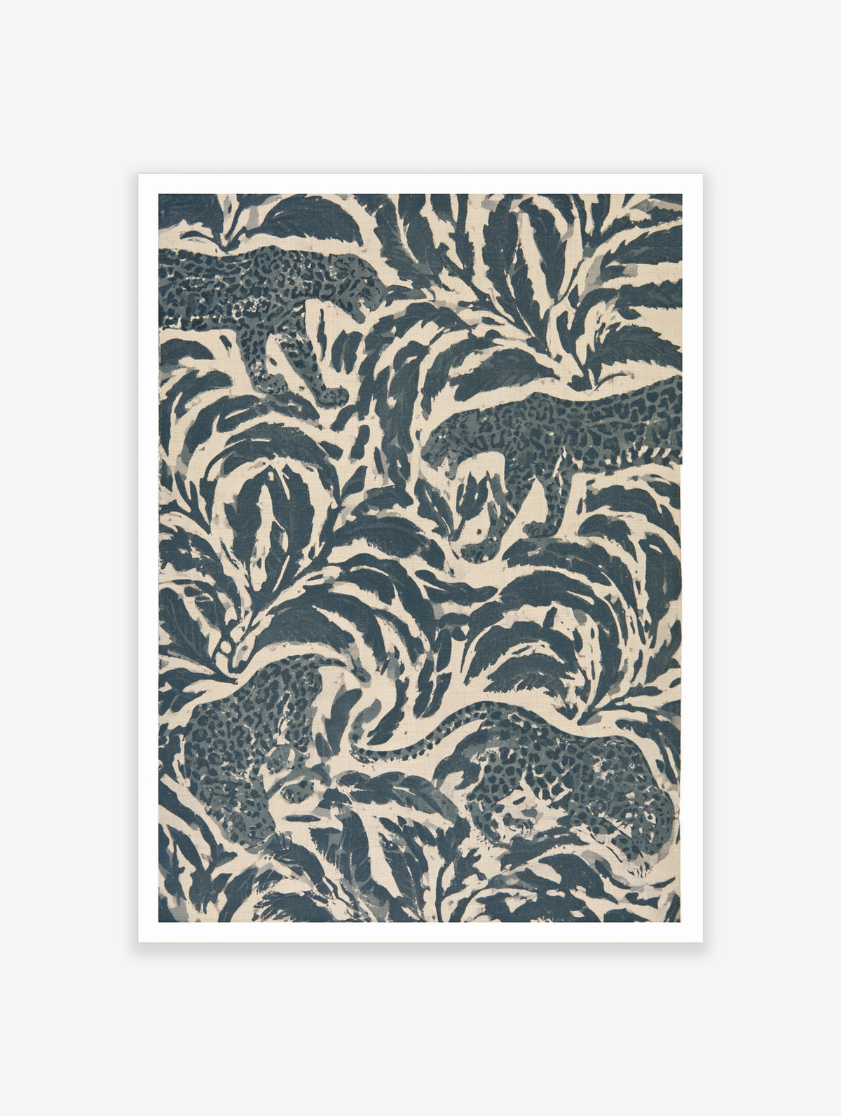 Stylised leopard pattern wall art featuring navy blue jungle foliage and big cats on a cream background