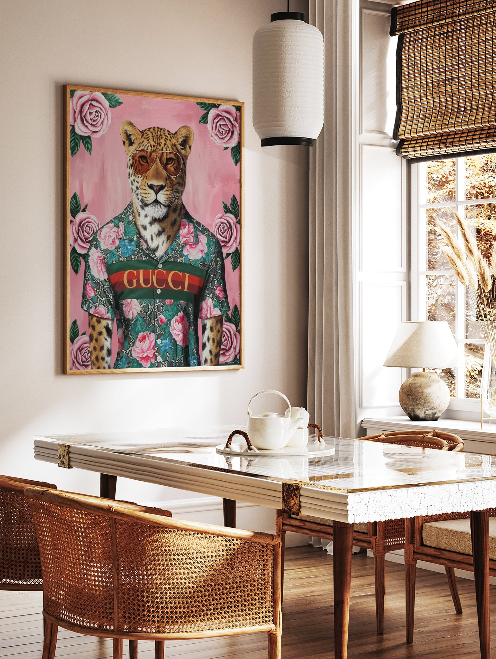 Fashionable leopard poster wearing aviator sunglasses and a floral Gucci shirt on a pink background with pink roses. - Image 2