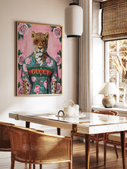 Fashionable leopard poster wearing aviator sunglasses and a floral Gucci shirt on a pink background with pink roses. - Image 2