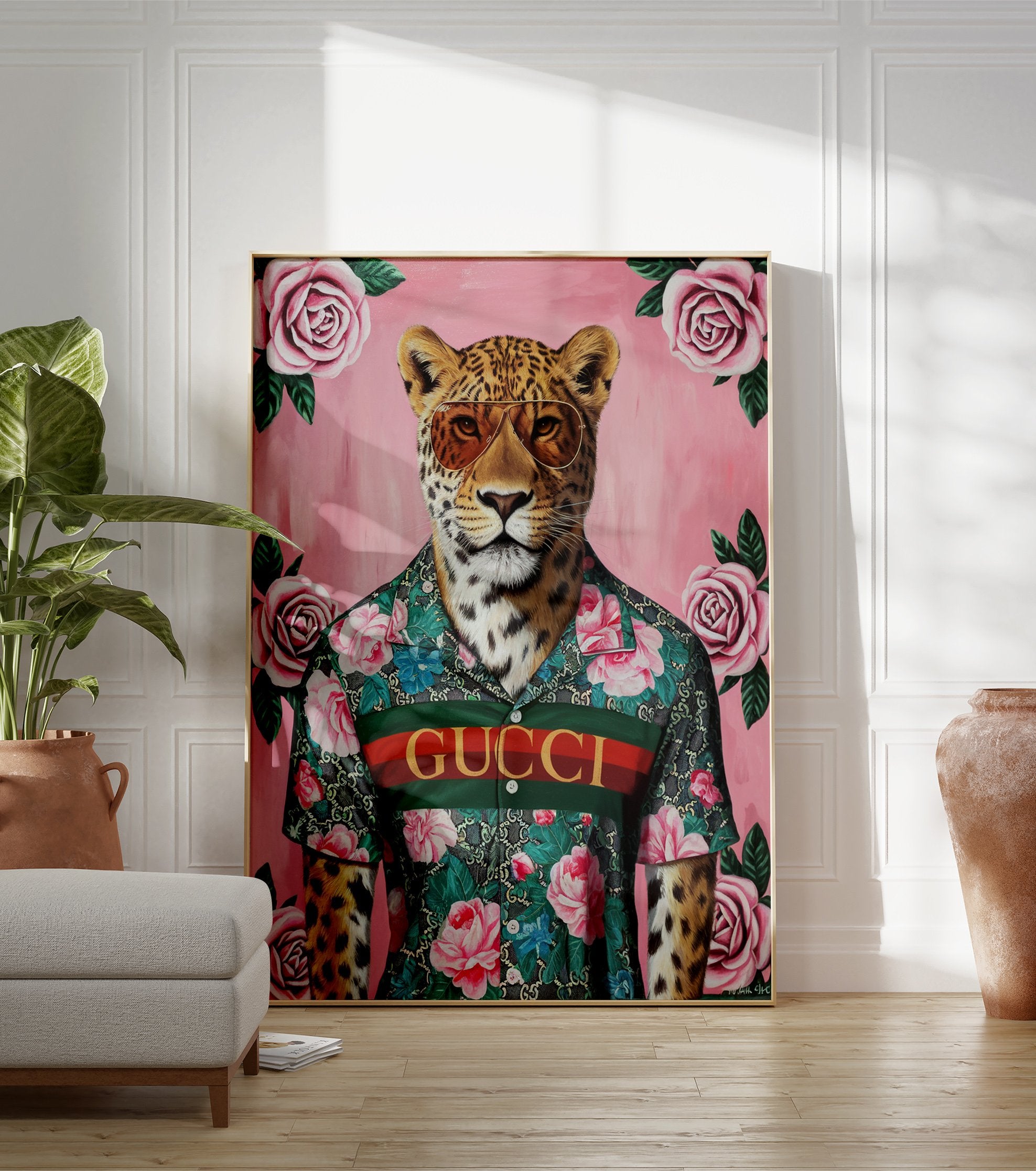 Fashionable leopard poster wearing aviator sunglasses and a floral Gucci shirt on a pink background with pink roses. - Image 3