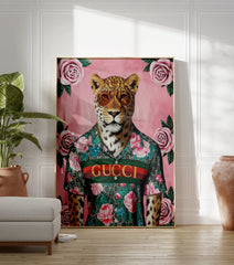 Fashionable leopard poster wearing aviator sunglasses and a floral Gucci shirt on a pink background with pink roses. - Image 3