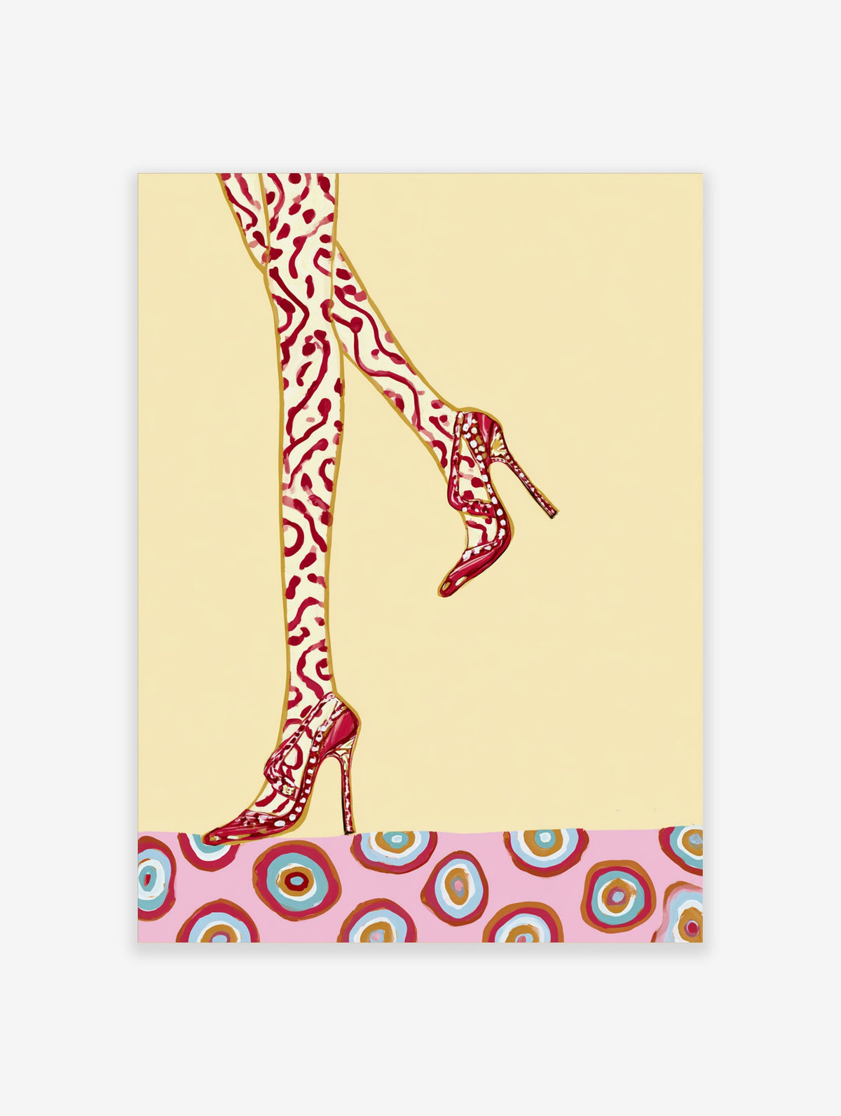 Leopard print legs in red stiletto heels fashion poster on cream background with pink patterned floor