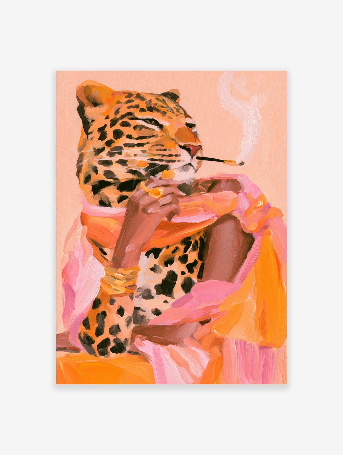 Leopard with cigarette wearing gold jewelry and pink orange fabric, unframed paper print