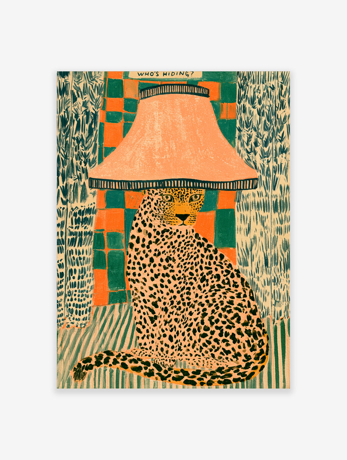 Leopard under peach lamp poster with green orange checks and WHO'S HIDING text