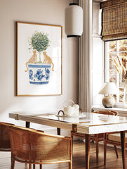 Illustration of two leopards sitting on a blue and white Chinoiserie planter with a green botanical tree, leopard wall art. - Image 2