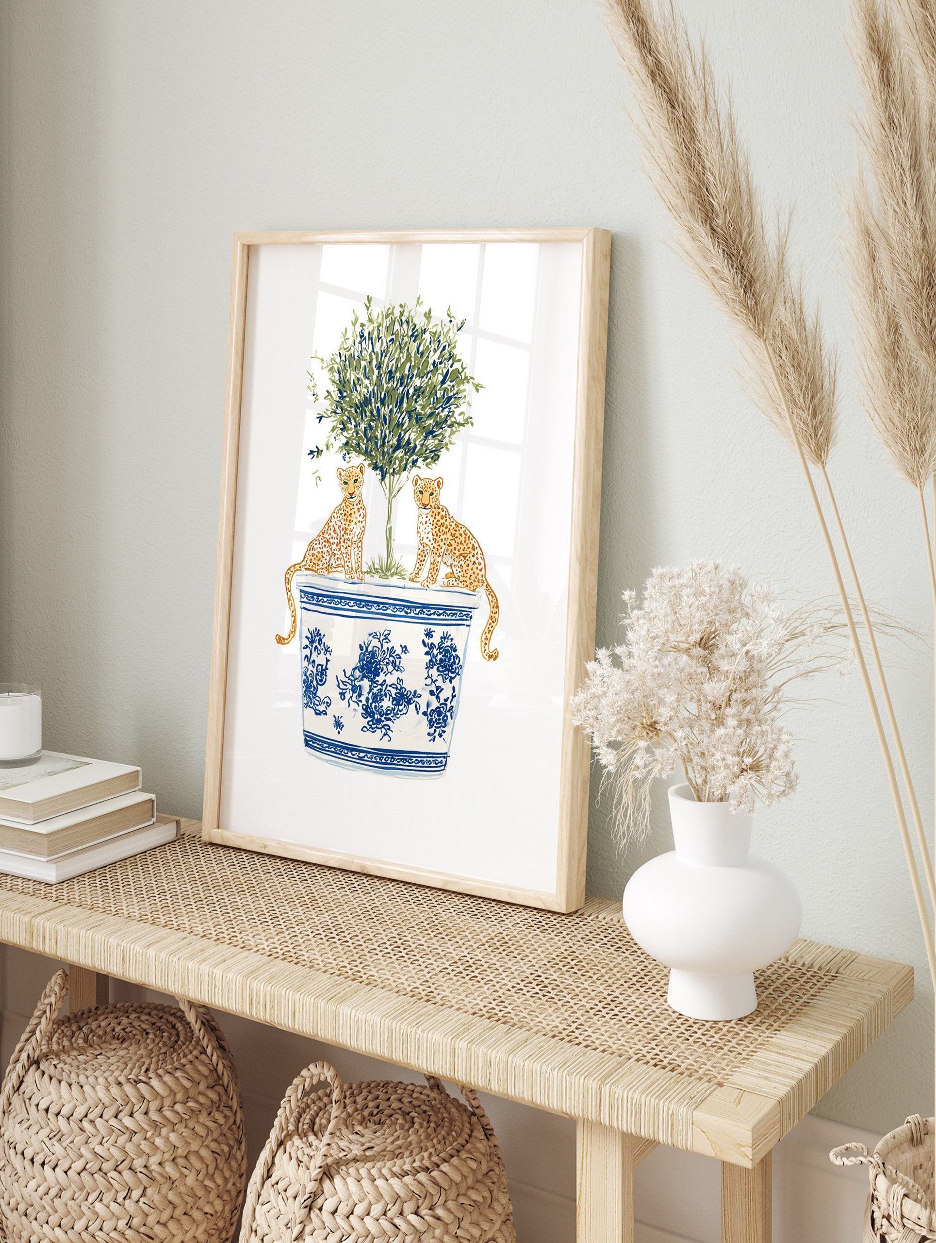 Illustration of two leopards sitting on a blue and white Chinoiserie planter with a green botanical tree, leopard wall art. - Image 3