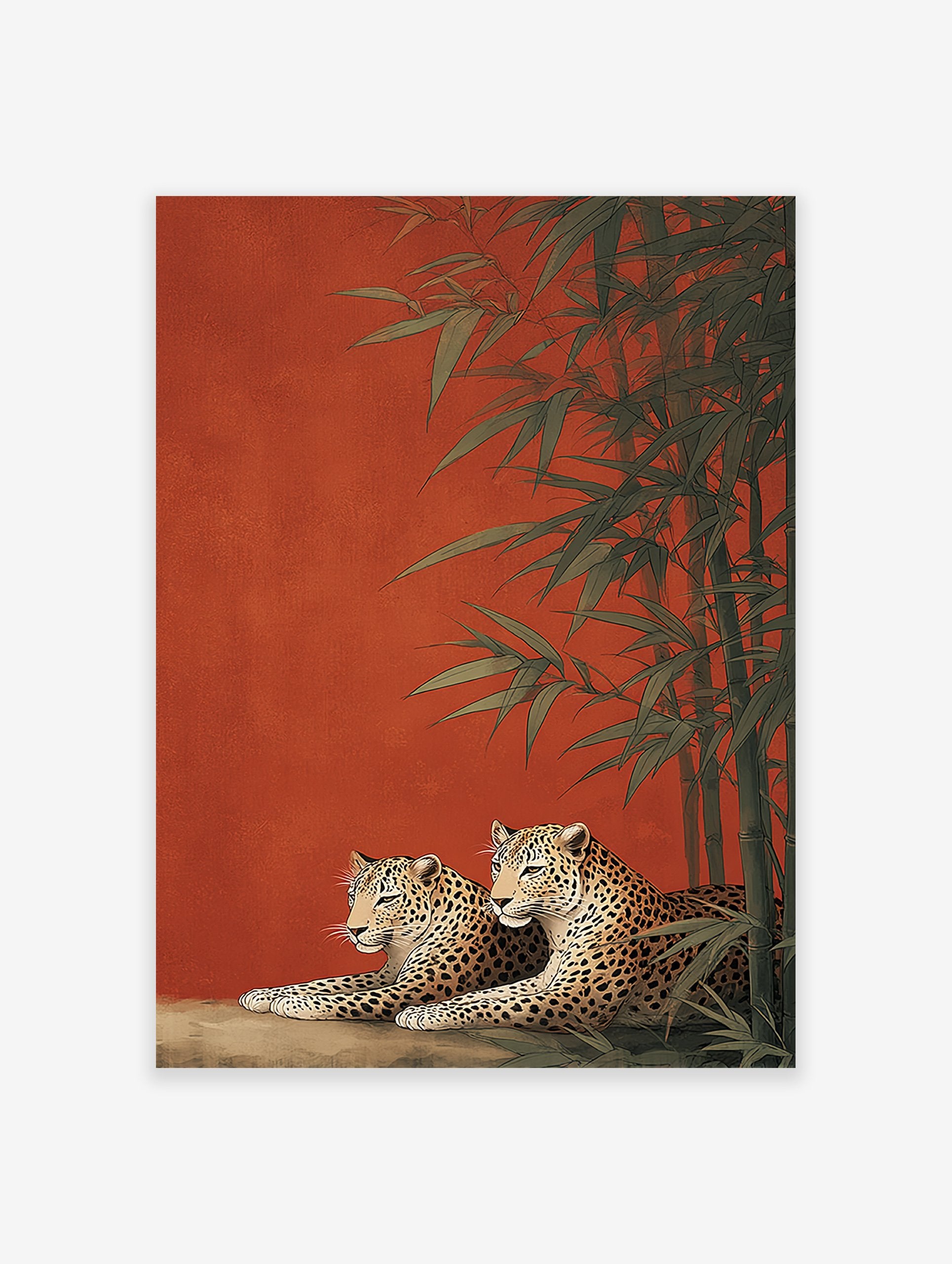 Illustration of two leopards resting among green bamboo branches against a textured red background. Leopard wall art print.
