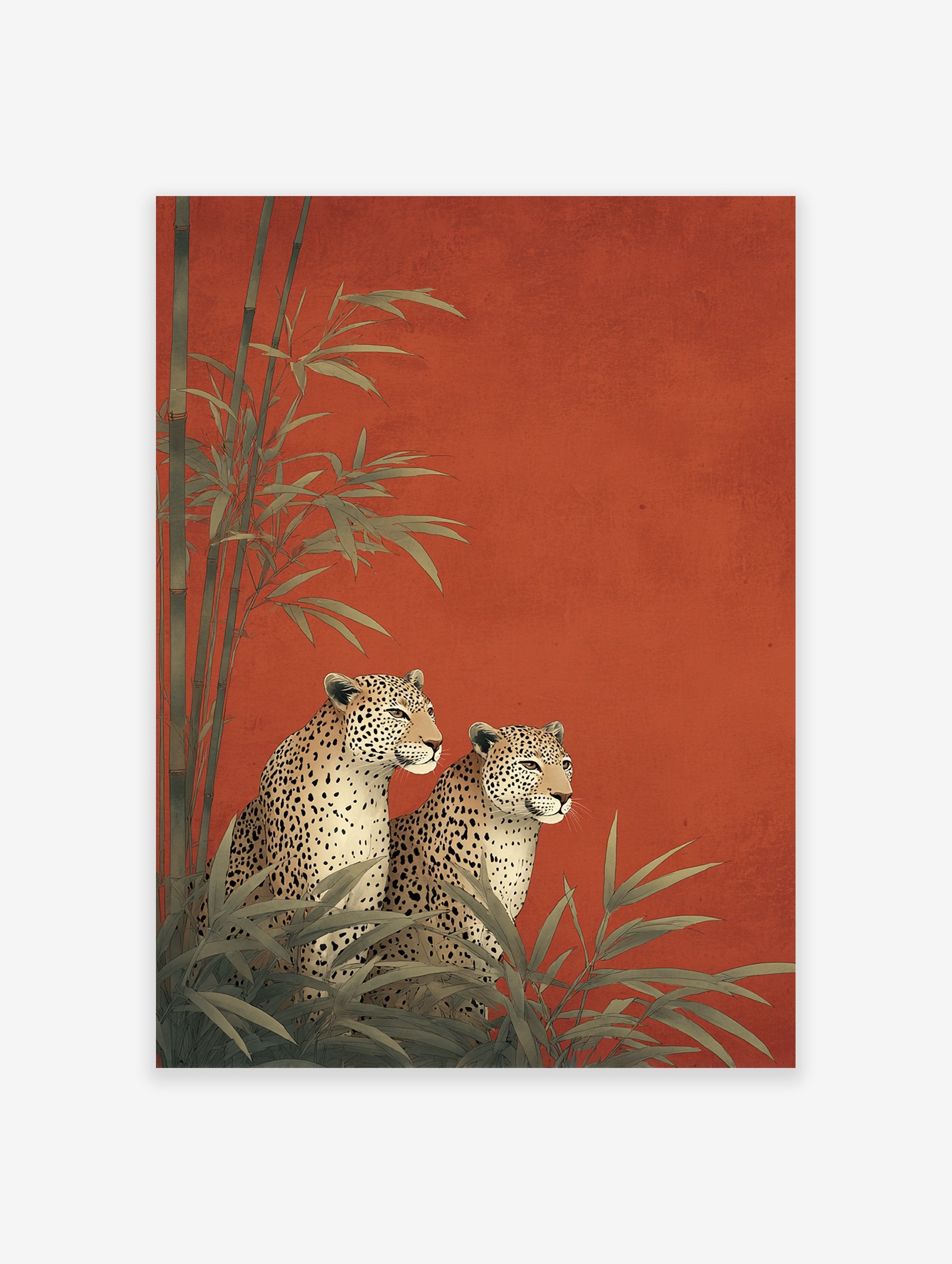 Two illustrative leopards sitting among green bamboo plants against a vibrant textured red background, an elegant Leopard Wall Art print.