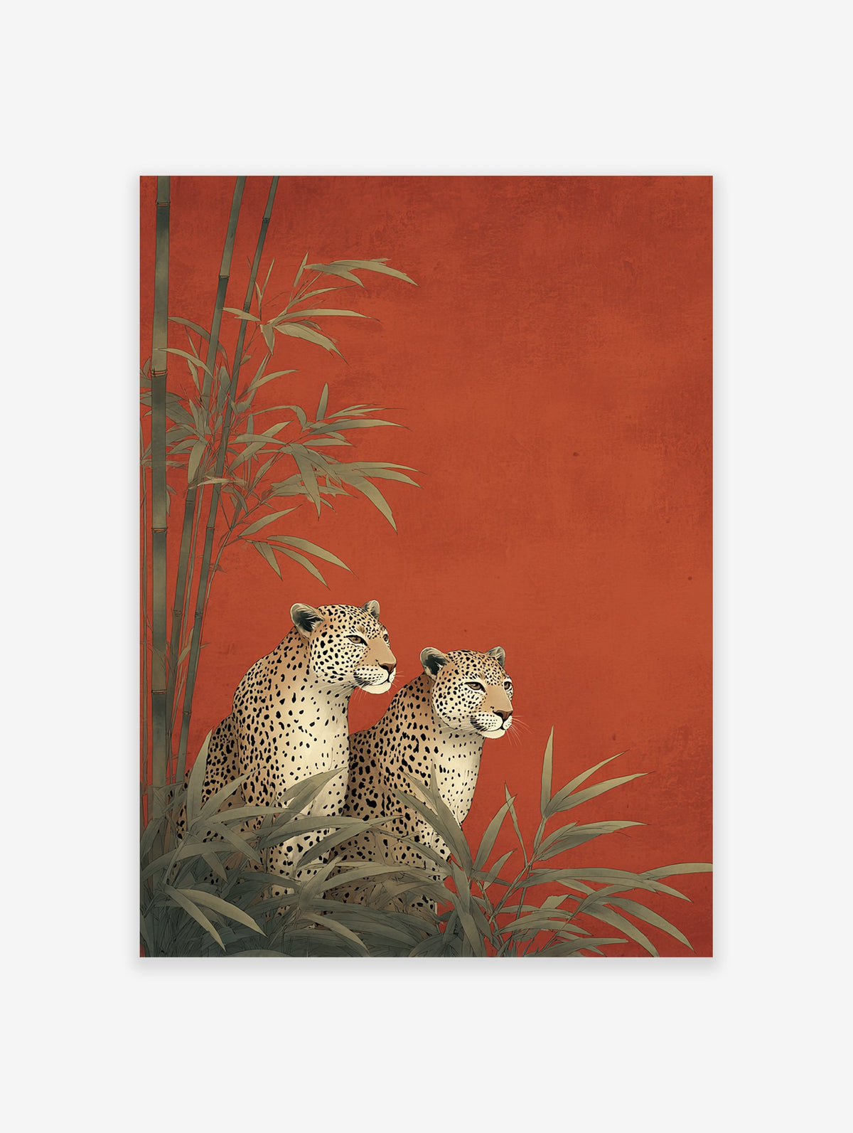 Two illustrative leopards sitting among green bamboo plants against a vibrant textured red background, an elegant Leopard Wall Art print.