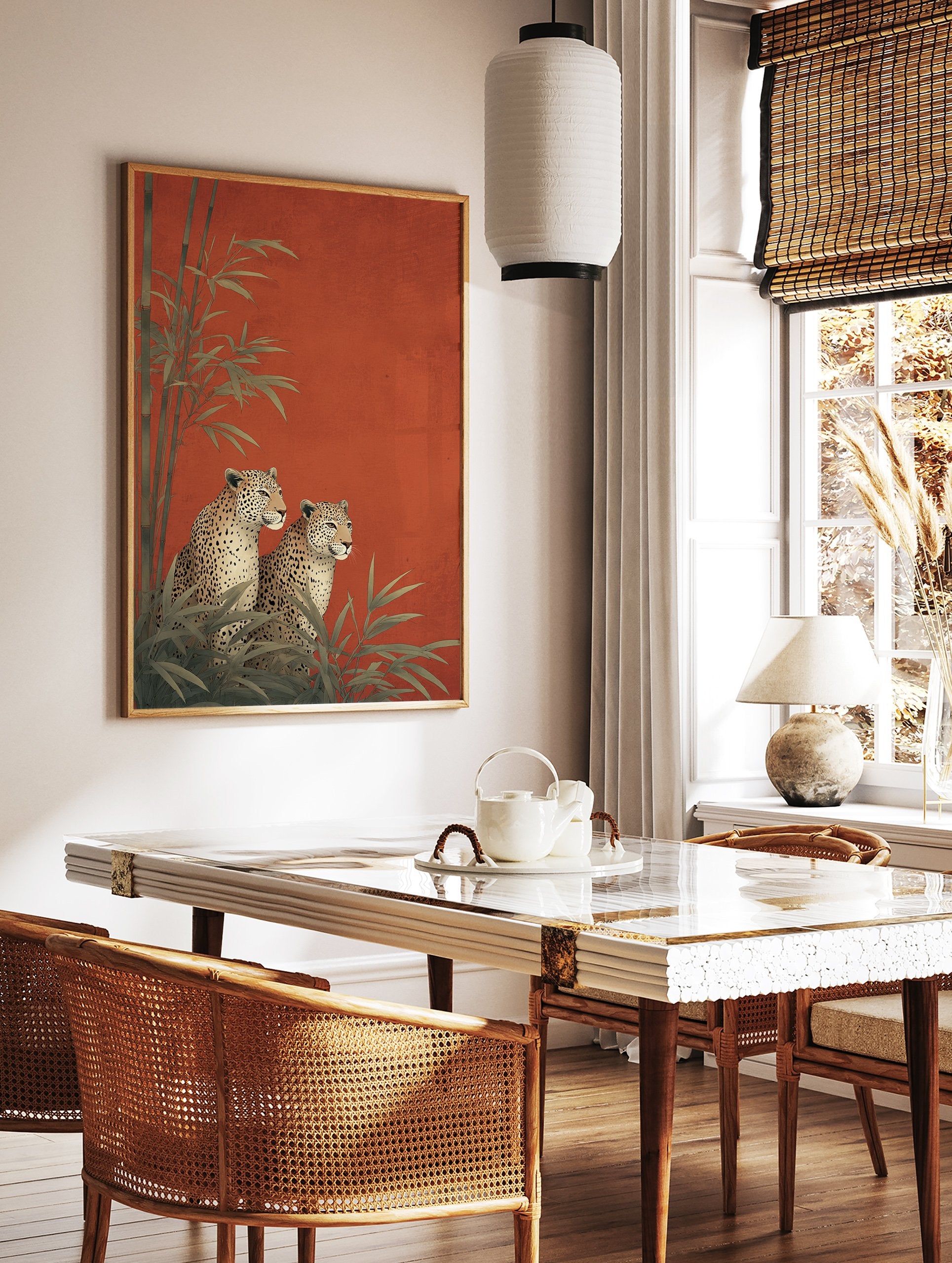 Two illustrative leopards sitting among green bamboo plants against a vibrant textured red background, an elegant Leopard Wall Art print. - Image 3