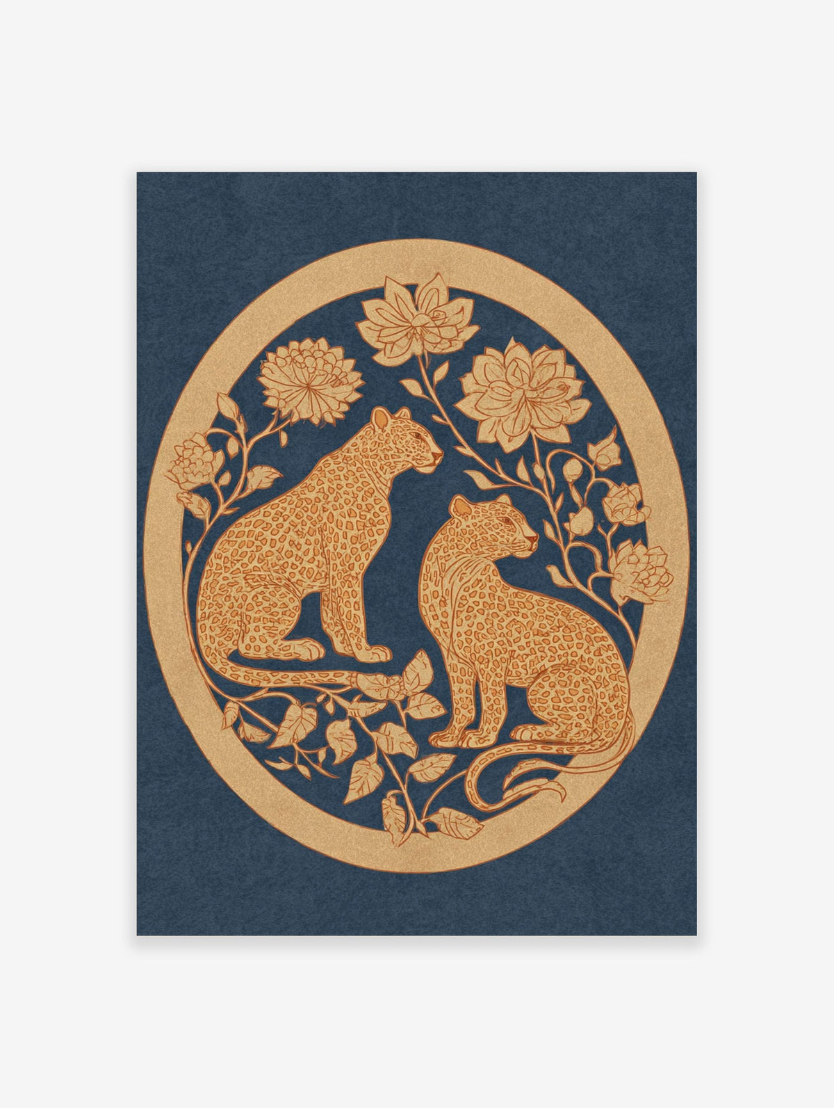 Two golden leopards with ornate floral designs in a circular border on a deep blue background