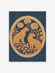 Two golden leopards with ornate floral designs in a circular border on a deep blue background