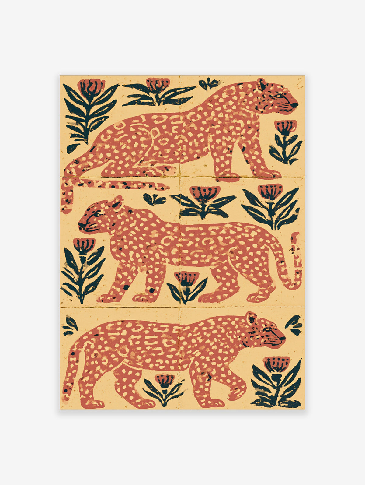 Three pink leopards with dark spots and botanical flowers on cream background, illustrative animal print